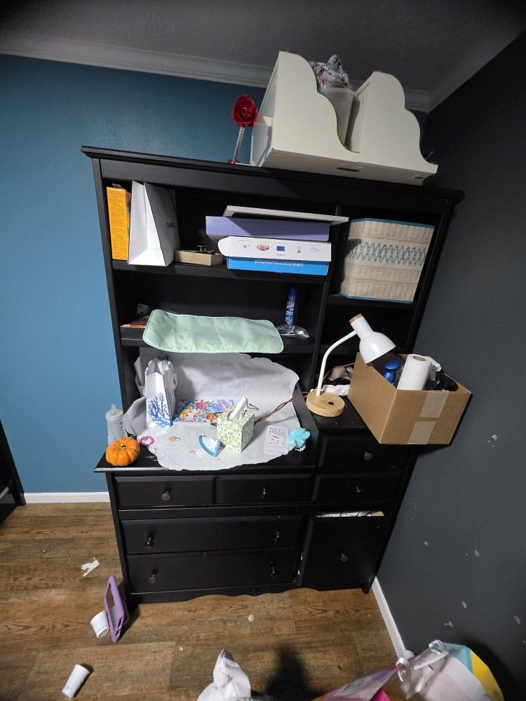 Solid black wood dresser with bookcase