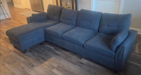Blue Fabric Sectional Sofa with Chaise and storage