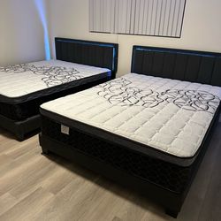 Queen size bed frame with led lights new in a box mattress included  we offer same day delivery   Cama Queen size con Luz led Nueva en Caja Colchon. I