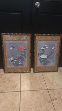 Pair of Asian Floral Bird Framed Prints