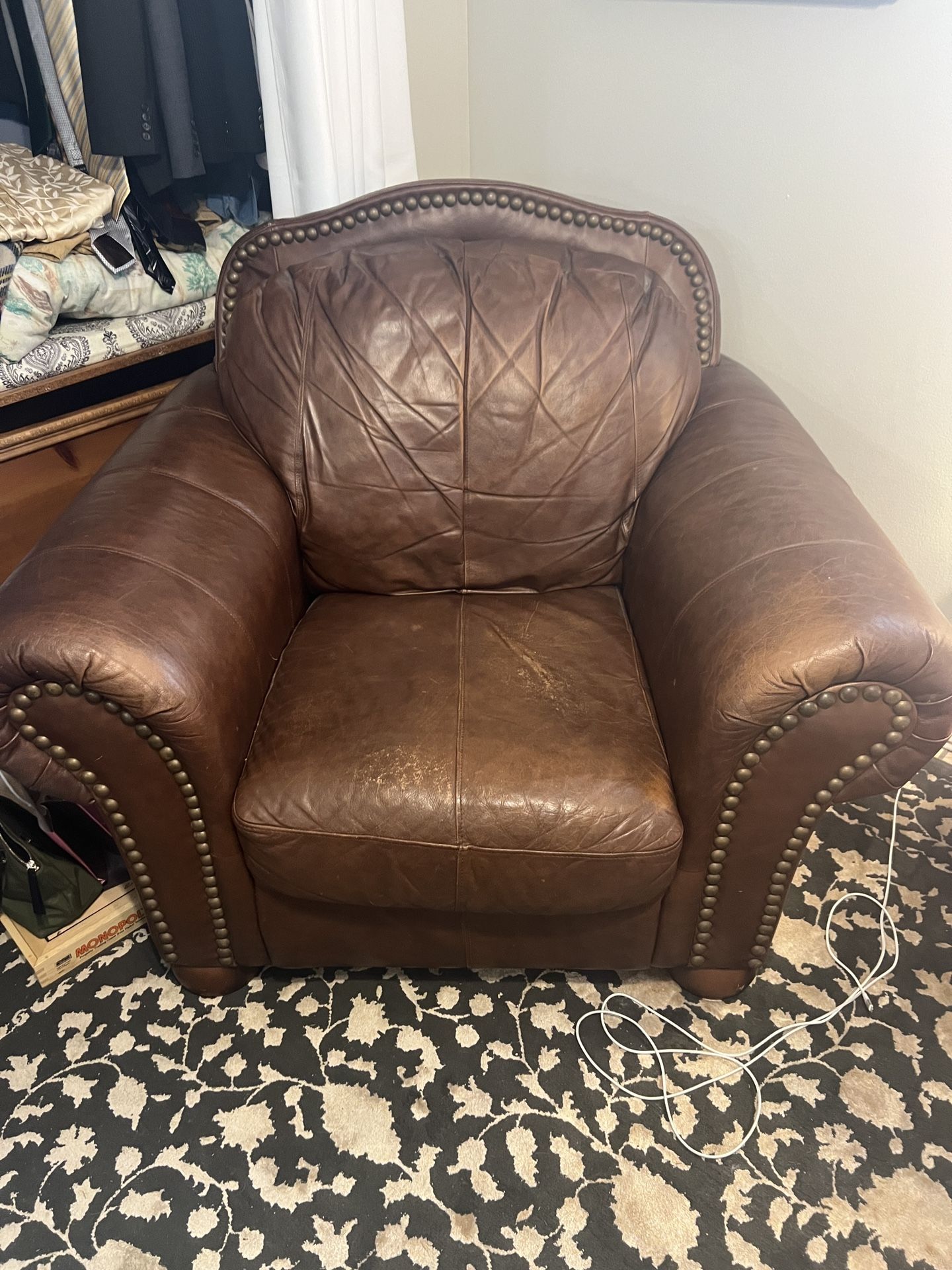 ESTATE SALE - Brown Leather Chair With Ottoman