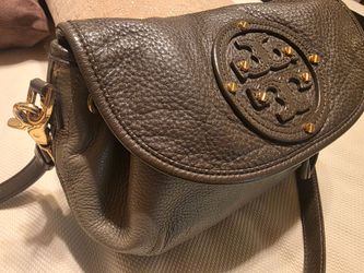 Tory Burch Gray Leather Masly Over flap hobo Crossbody Bag Shoulder Bag 12" X 7" X 4"