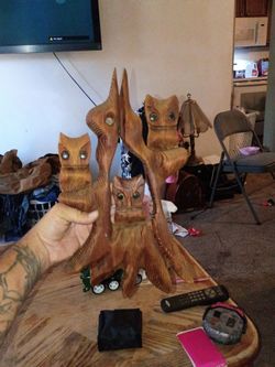 Hand-Carved Wooden Owl Family Sculpture Set