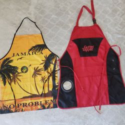 Red & Black Grilling Apron With Multiple Pockets Including Insulated Pocket For Beverage Plus NWT Jamaica No Problem Palm Trees & Sunset Themed Apron!