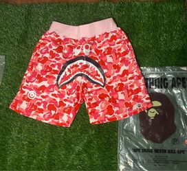 A Bathing Ape BAPE Men's Shark Pink Camo Sweat Shorts Logo Drawstring Pockets Size-L