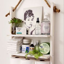 🌱3 Tier Solid Wood Manila Rope Hanging Shelf ::: 24"H X 16-1/2"W X 5-1/2"D ::: Distressed White 