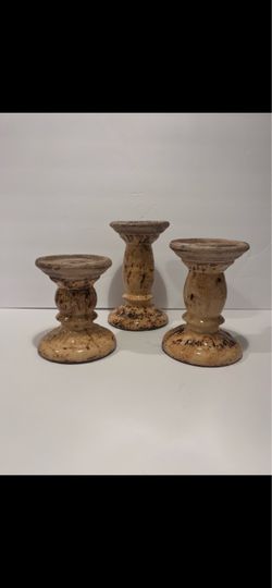 Vintage French Glazed Terracotta Pillar Candleholders Set of 3 Rare .Set of three decorative ceramic candle holders in a warm distressed beige finish.