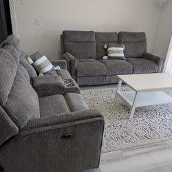 Gray Corduroy Electric Reclining Sofa And Loveseat With Four Out Of Five Reclining Sections