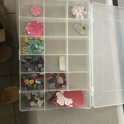 Scrapbooking Embellishments. Various Buttons And Flowers With Organized Lid Case