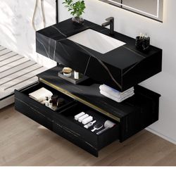 DWVO 40 Inch Floating Bathroom Vanity, Wall Mounted Vanity with Ceramic Basin Sink, 2 Wooden Drawers, Black Sintered Stone Marble Pattern Bathroom Sto