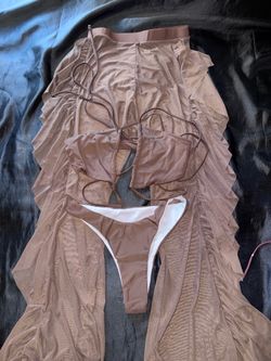 SHEIN Brown 3-Piece Bikini Set with Mesh Cover-Up – Size Small