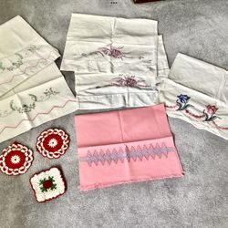 Lot Of 8 1940s-50s Embroidered + Crocheted Linens Pillowcases Kitchen Textiles
