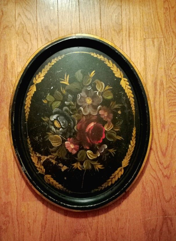 Vintage Oval Tole Tray Hand Painted Metal Serving Table Tray W/ Floral