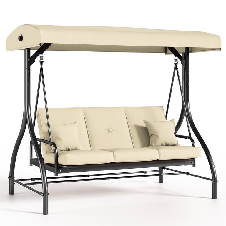 Outdoor Porch Swing with Adjustable Canopy, 3 Seat Patio Swing Chair Patio Glider with Removable Cushionfor Backyard, Garden, Poolside Sp