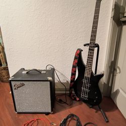 Jackson Bass Guitar, Fender Amplifier, Guitar Stand, Picks, Cables