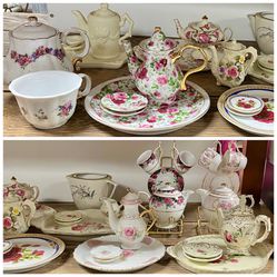 Miniature Tea Sets. Average size: Tea Pot 4”, Large Plate 6”, Small Plate 2”. $5 each. 