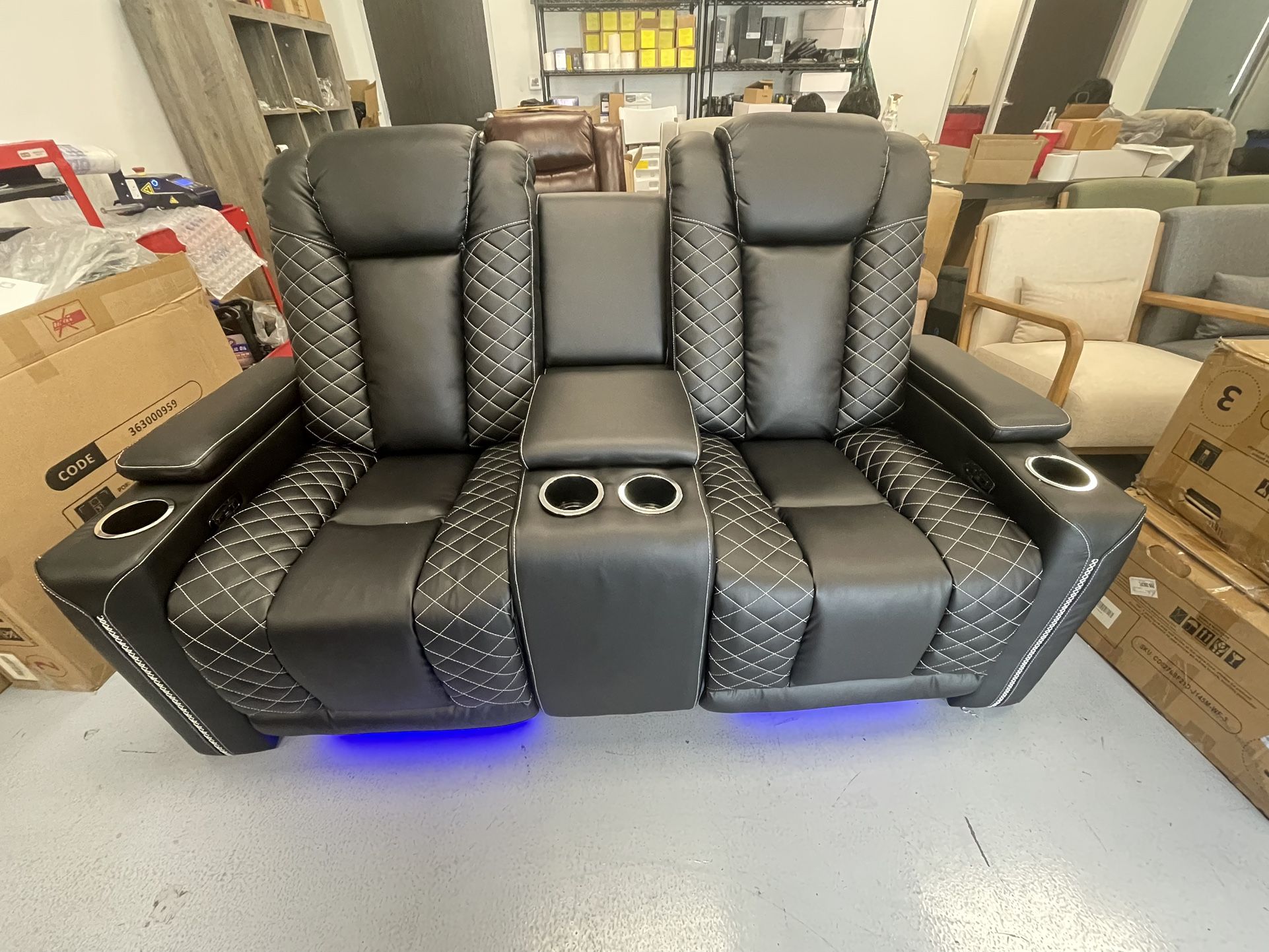 Electric Power Leather Loveseat Recliner With Arm Storage; LED Lights; USB Port