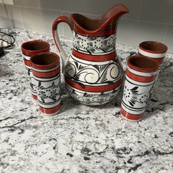 Hand-Painted Ceramic Pitcher with 4 Matching Cups – Mexican Talavera Style
