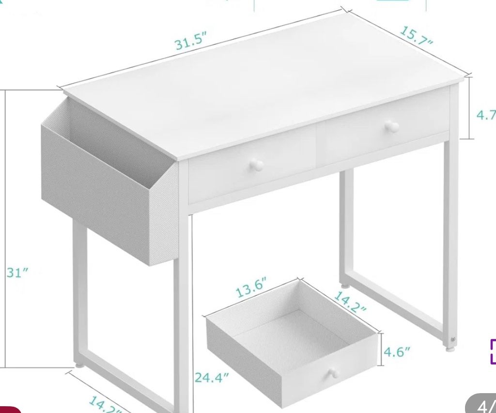 White Study Desk With Drawers In Excellent Condition