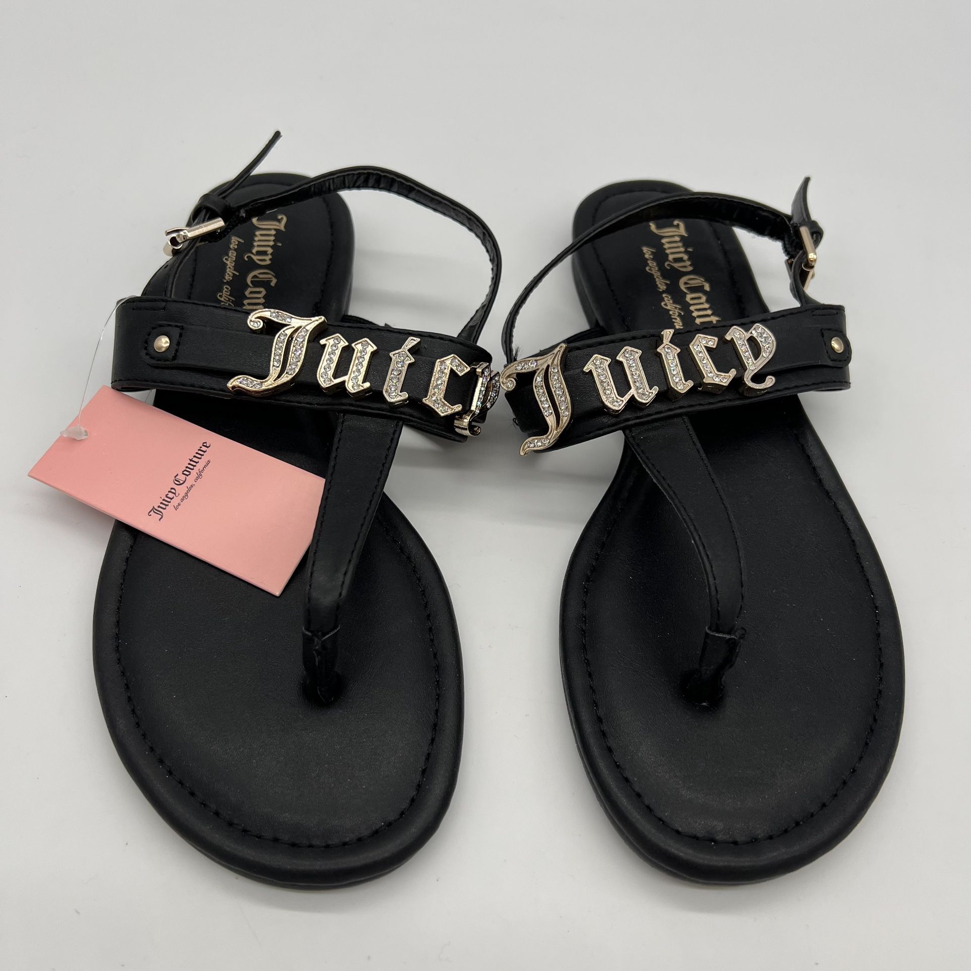 NWT Juicy Couture Diamond Strappy Sandals Womens Black Gold Bling
