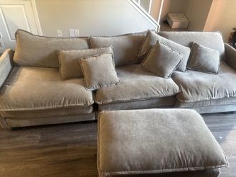 Gray Fabric Sofa with Ottoman and Pillows