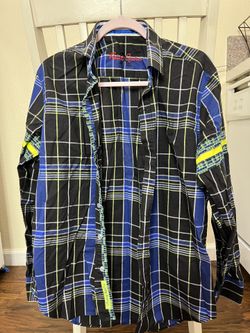 Robert Graham men's black, blue, and lime green plaid long-sleeve button-up shirt.