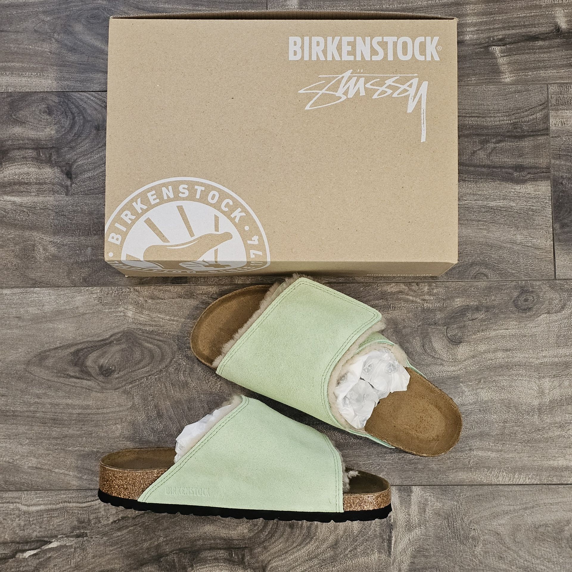 Stussy x Birkenstock Solana Shearling Slide Washed Green