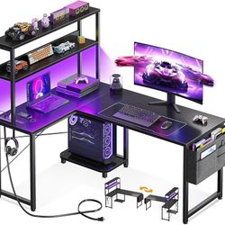 L Shaped Desk Gaming Desk with LED Light & Power Outlet, 43 Inch Reversible L Shaped Computer Table with Shelf, Corner Desk with Storage Bag&Hook for 