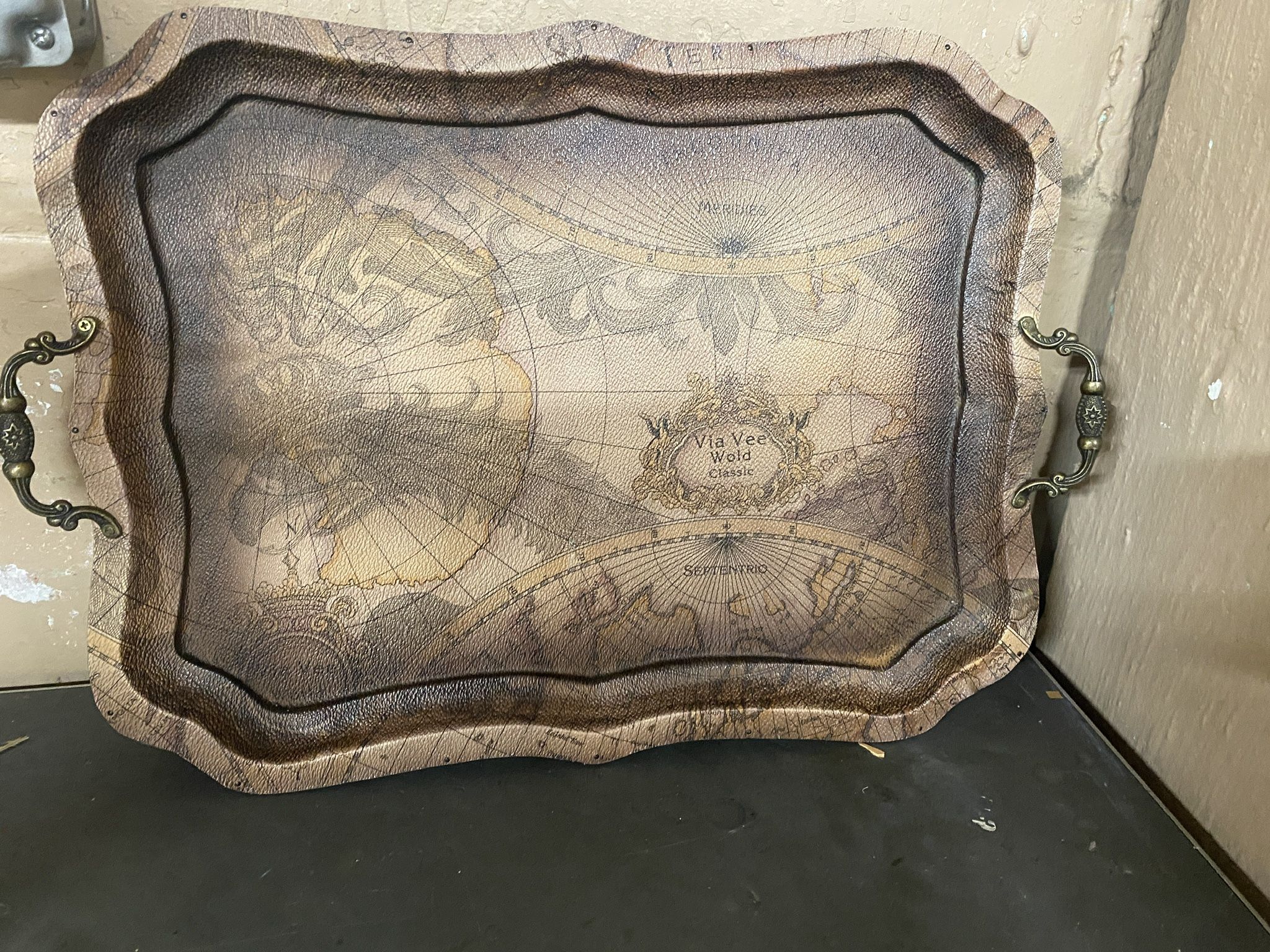 Faux Leather Overlay Vintage Map Serving Tray
