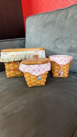 Collection Of 3 Longaberger Baskets, 2 With Lids And All With Plastic And Fabric Liners
