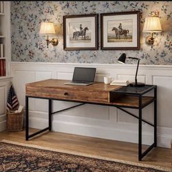 1  Drawers brown Desk, Writing Desk with black Legs for Home Study Office,L43.5 W18.5 H30 