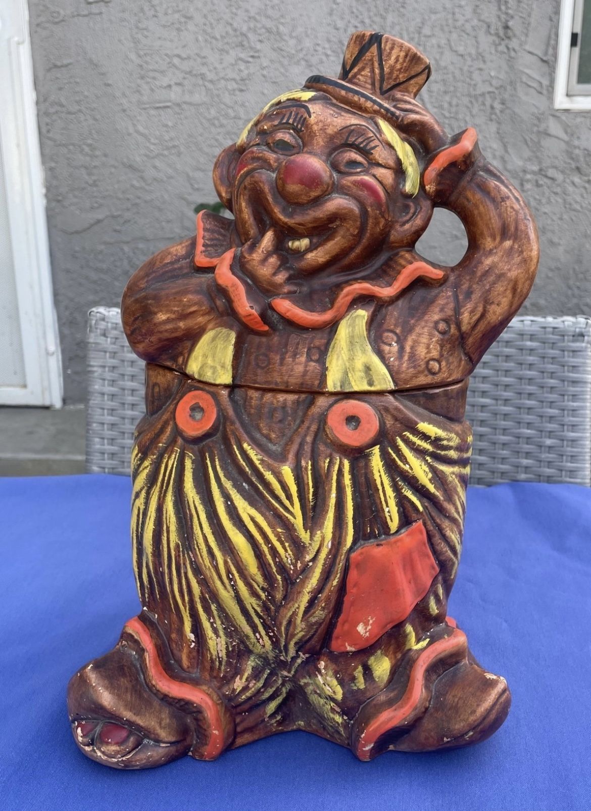 Vintage Painted Brush Pottery Large Creepy Looking Clown Cookie Jar 15” Tall