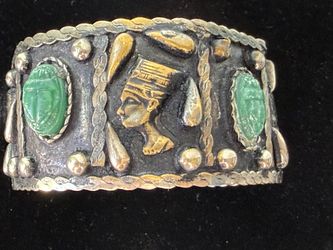 Vintage Mid-century Bracelet Egyptian Silver Tone Bangle Cuff Green Stones