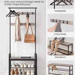 Coat Rack, Hall Tree with Shoe Bench for Entryway, Entryway Bench with Coat Rack, 4-in-1, with 9 Removable Hooks, a Hanging Rod, 13.3 x 28