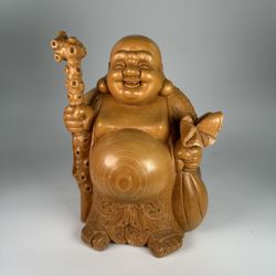 Chinese Hand Carved Wooden Hotei Laughing Buddha Statue Sculpture Prosperity
