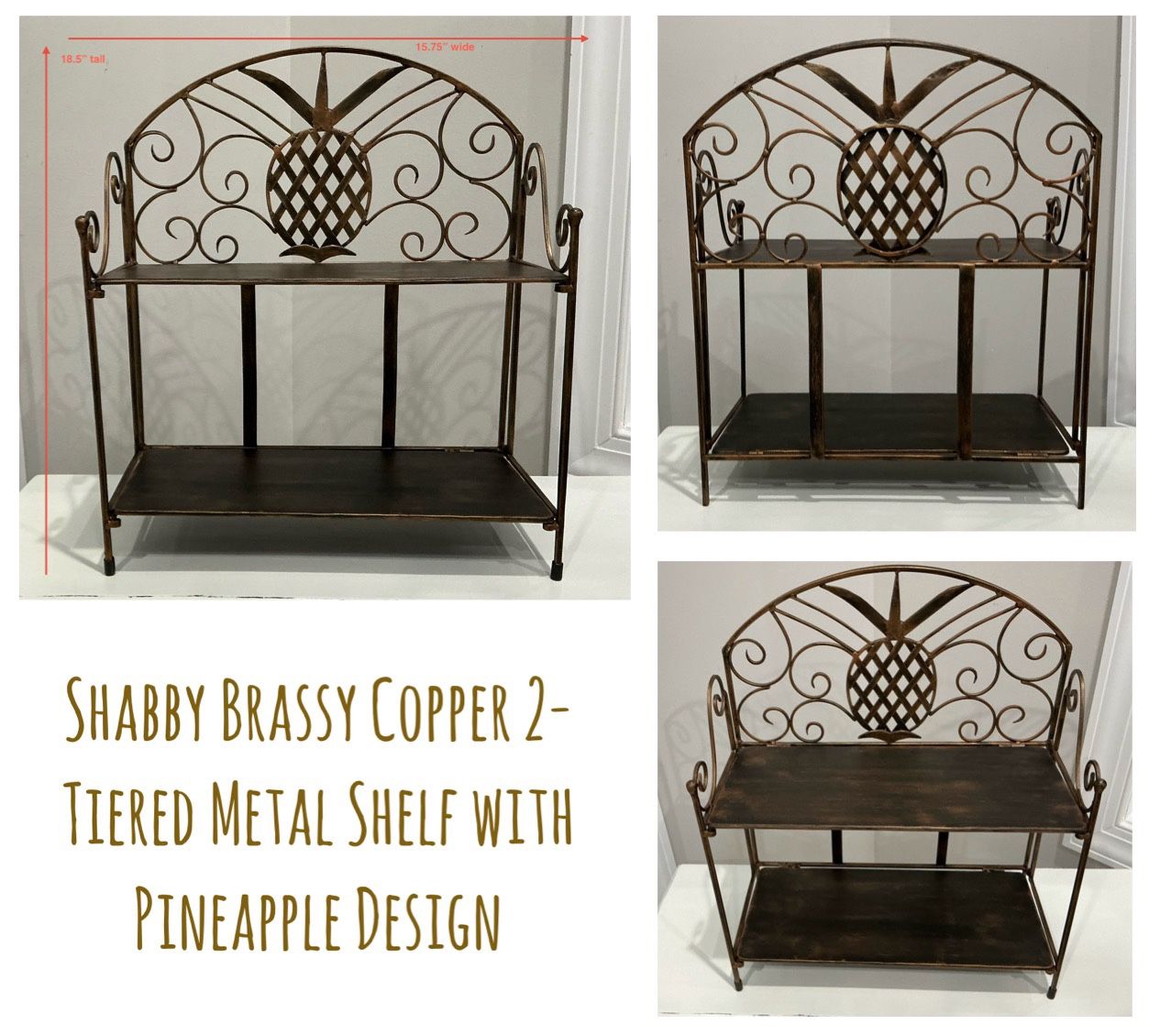 Shabby Brassy Copper 2-Tiered Metal Shelf with Pineapple Design