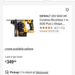 DEWALT 20V MAX XR Cordless Brushless 1 in. SDS Plus L-Shape Rotary Hammer (Tool Only)