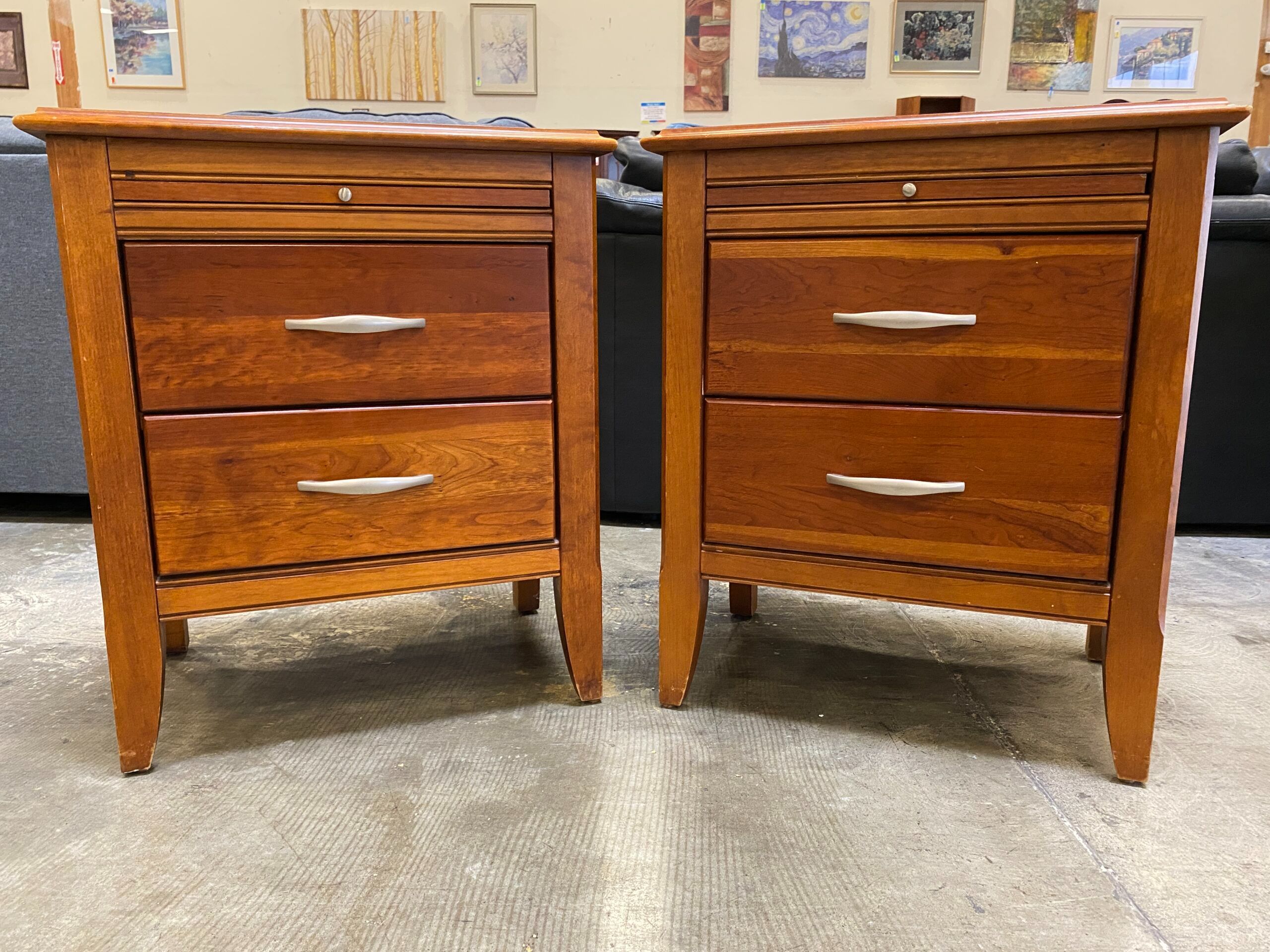 BASSETT 2 Drawer Cherry Stained Nightstand with Pull Out Shelf (Set of 2)