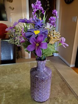 Hand painted acrylic pour vase, purple/gold
