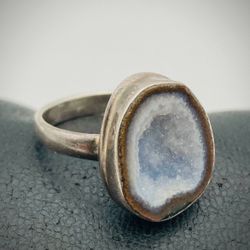 Natural Blue Geode Druzy Sterling Silver Ring SZ 8.5
