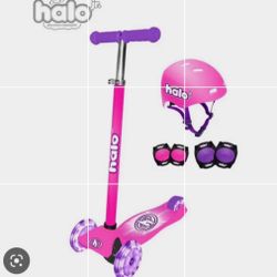 NEW IN BOX HALO Jr. 3 Wheeled Children’s Pink/Purple Scooter With HELMET AND PADS Light up Wheels