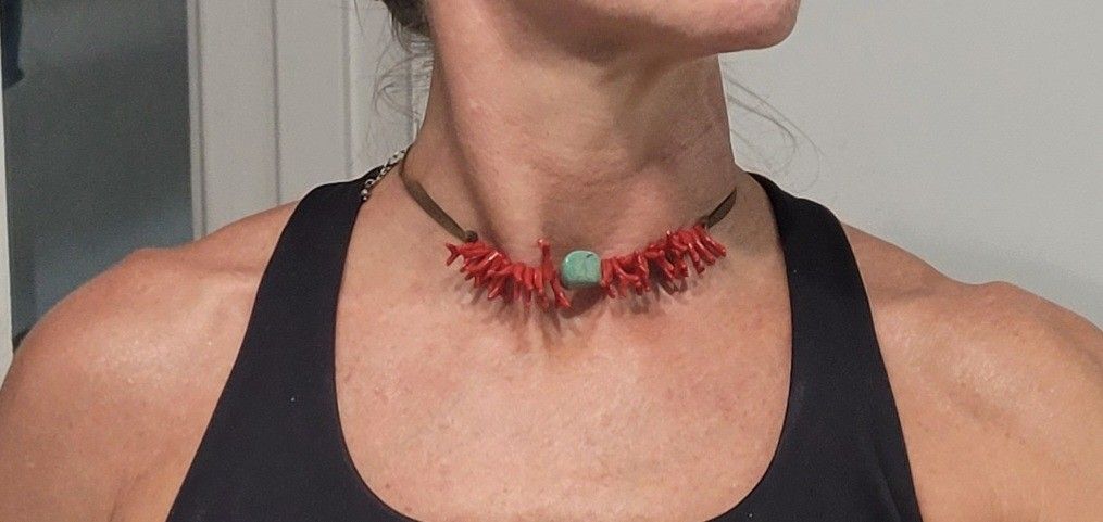 Leather Coral W Turquois Choker Necklace