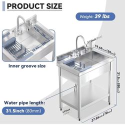 🥨Stainless Steel Utility Sink, 28" × 20" × 31.5"Freestanding Sink with Retractable Cold and Hot Water Faucet,Hoses and Drain Kit for Kitchens, Bathro