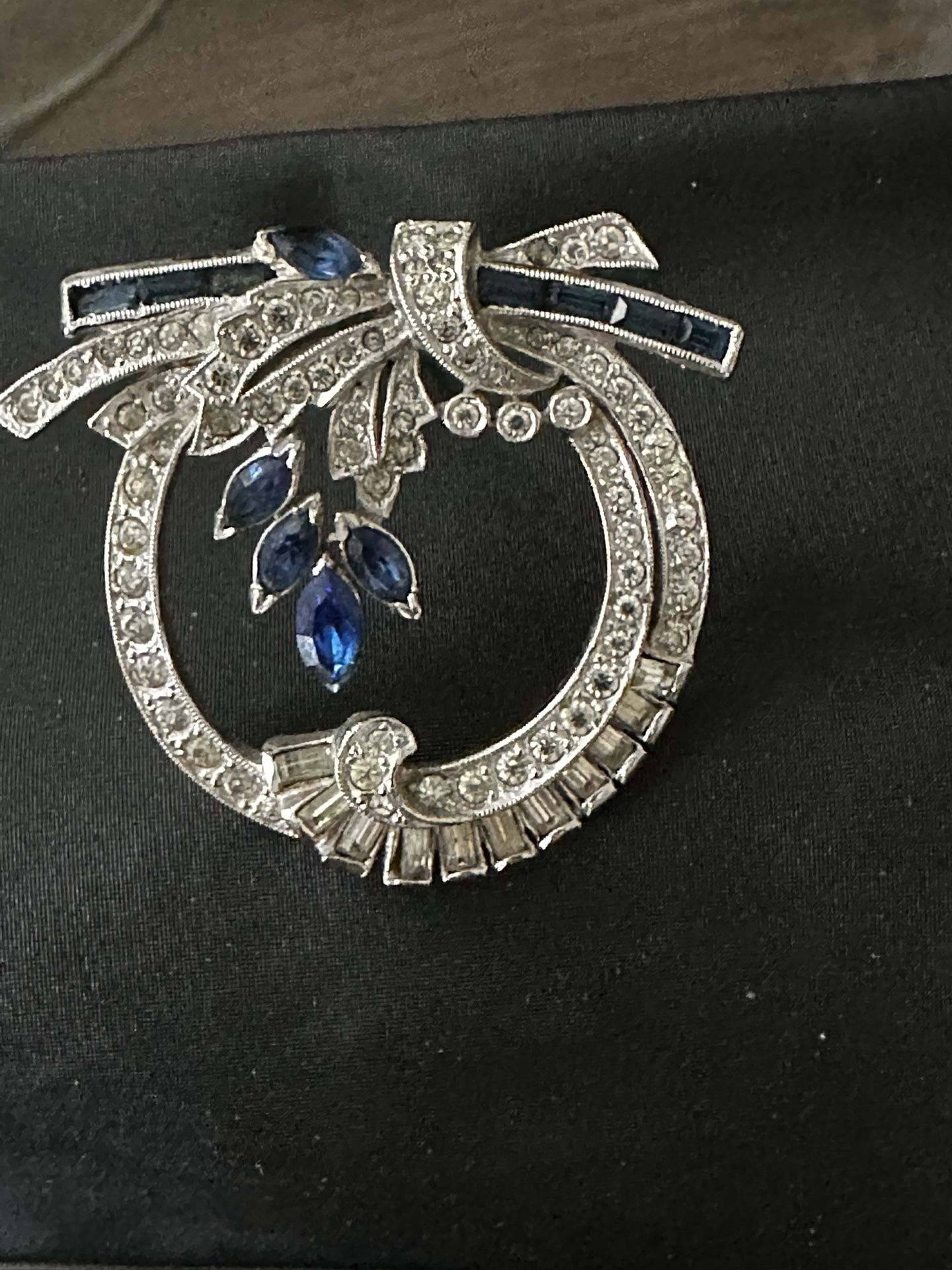 Art Deco Staret Rhodium Plated Floral Spray Sapphire Blue Crystals Rhinestone Brooch Pin 1930's