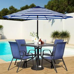 9 ft. Steel Crank and Tilt Stripe Market Patio Umbrella in Blue and White