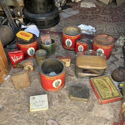 Vintage Antique Tin Tins Can And Glass Container