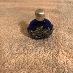 Vintage Blue Glass With Pewter Butterfly & Flowers Wrap Perfume Bottle