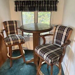Vintage Wood Pub Table with Custom Swivel Pub Chairs 