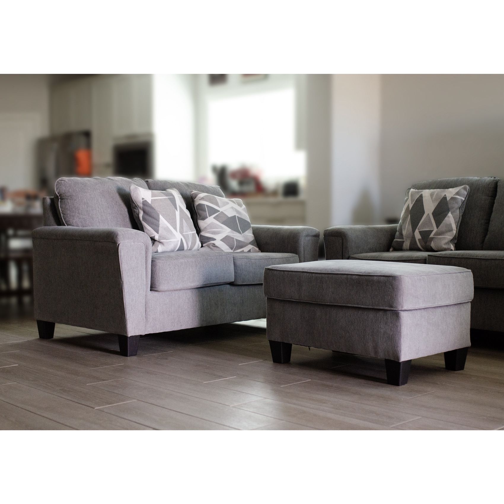 2 Modern Grey Sofas & Ottoman W/ Pillows
