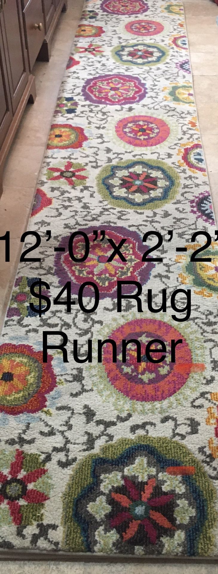 Rug Runner 12’ Long X 2’2”w- Boho Style Floral Medallions